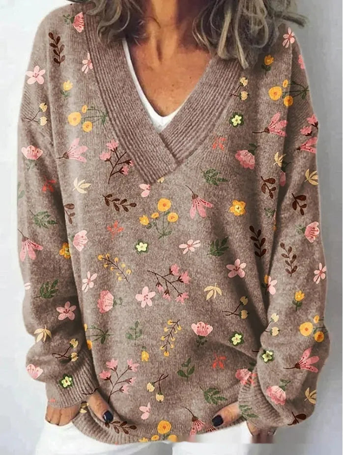 Women's art retro V-neck sweatshirt with a detailed 3D floral pattern print on long sleeves.