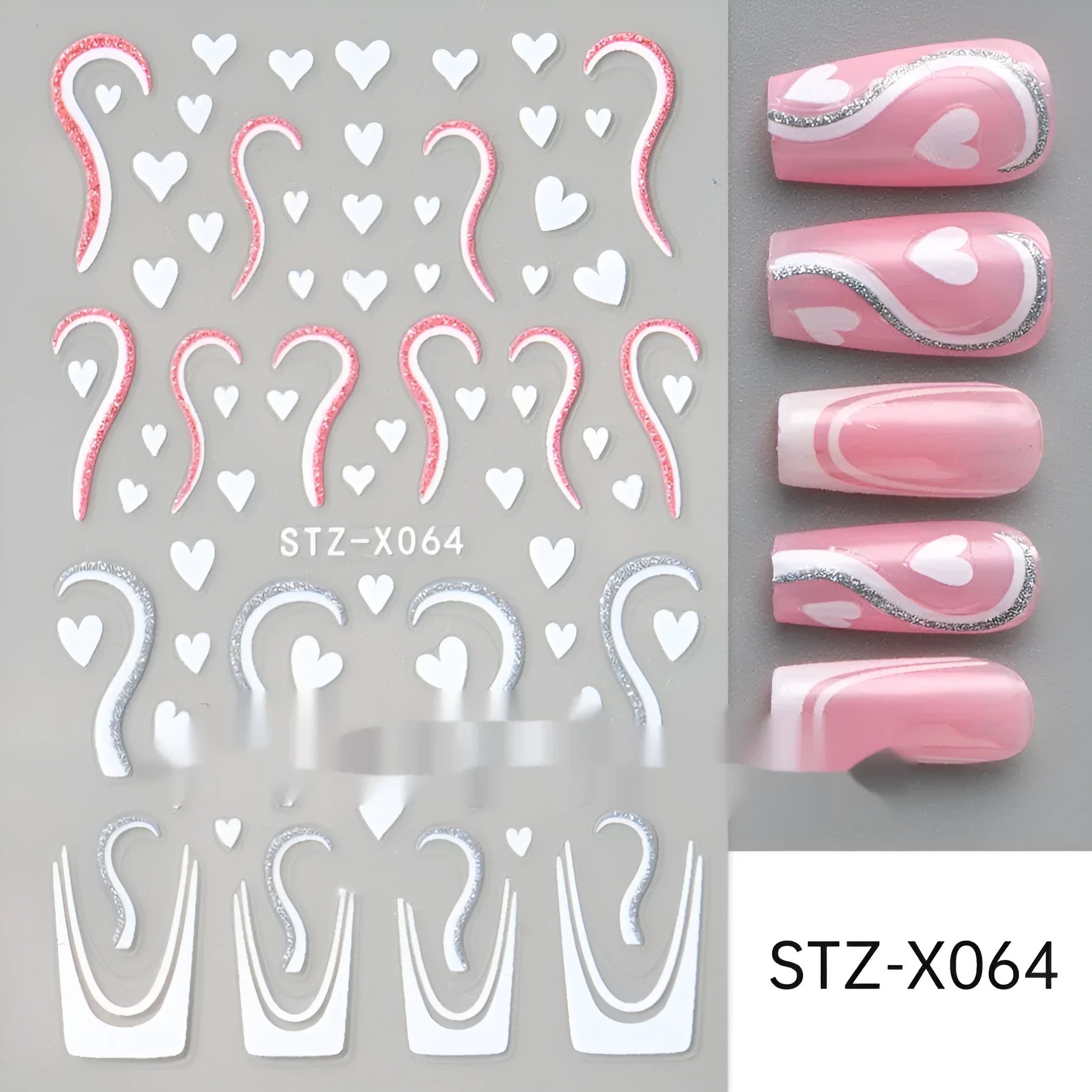 Sheet of black and silver strip nail art stickers with cartoon and love heart designs