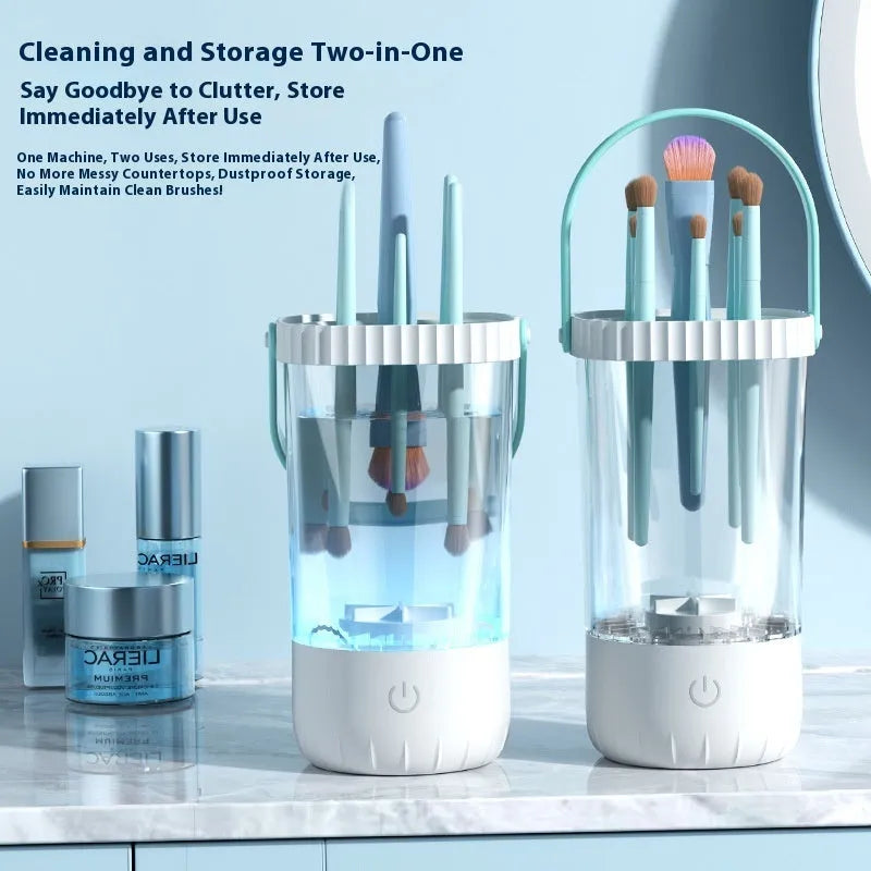 White rechargeable electric makeup brush cleaner with 24 cm plastic housing and USB cable