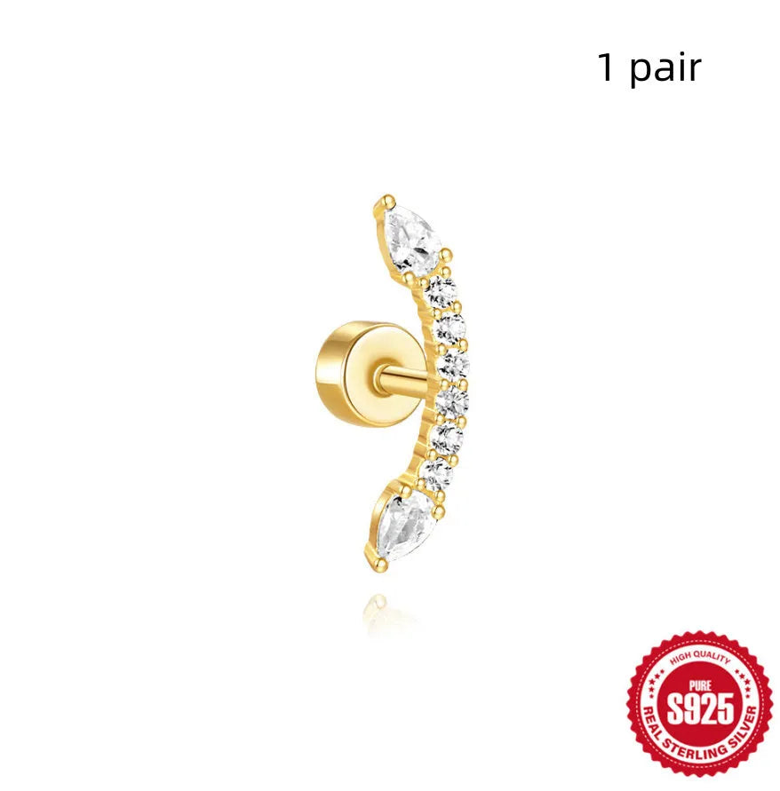 S925 sterling silver geometric flat column thread ear bone studs in gold plating.