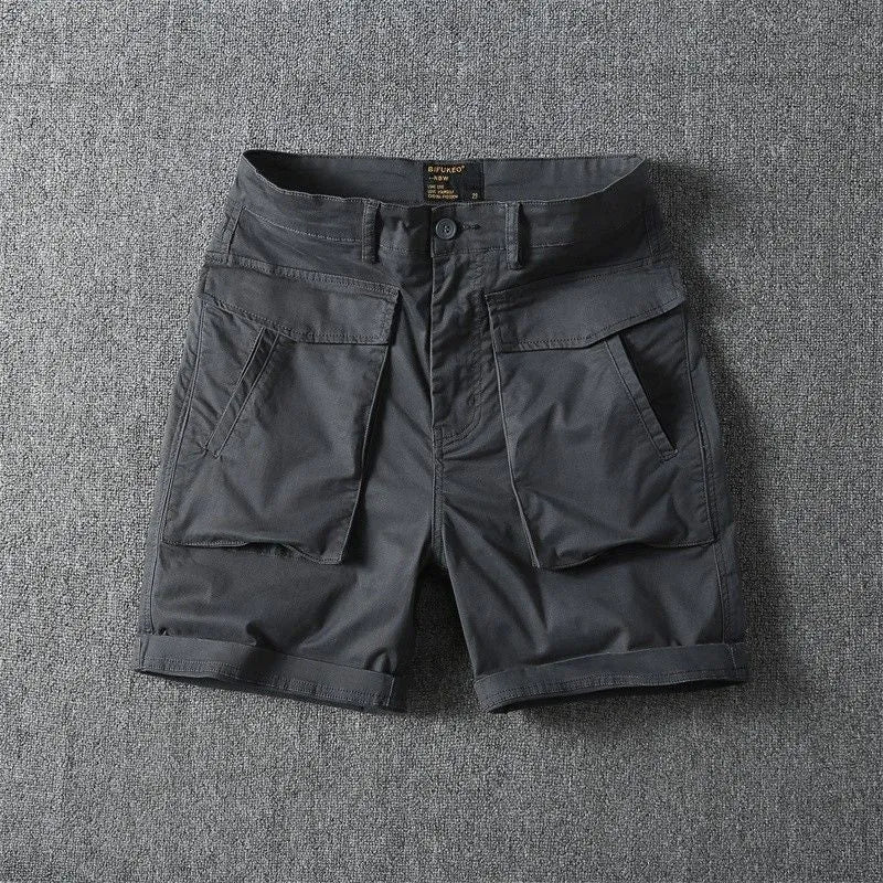 Men's stretch cotton cargo shorts in khaki with multiple pockets and straight-leg fit.