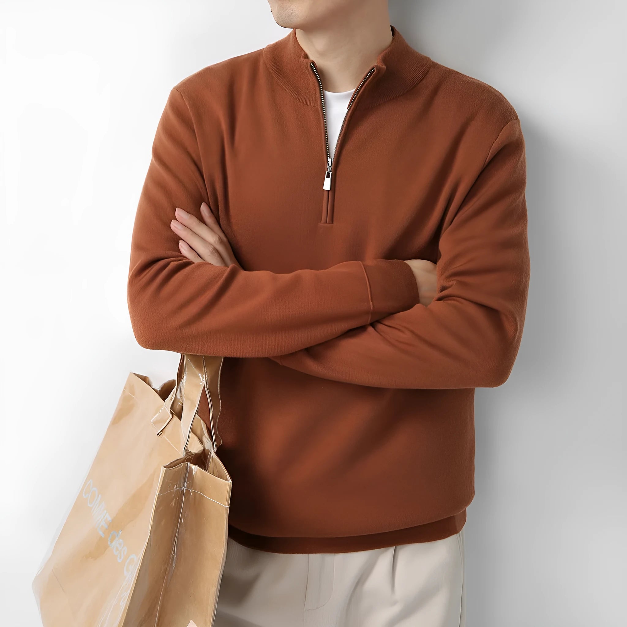 Men's merino wool zip stand collar sweater in regular fit, long sleeves, available in multiple colours