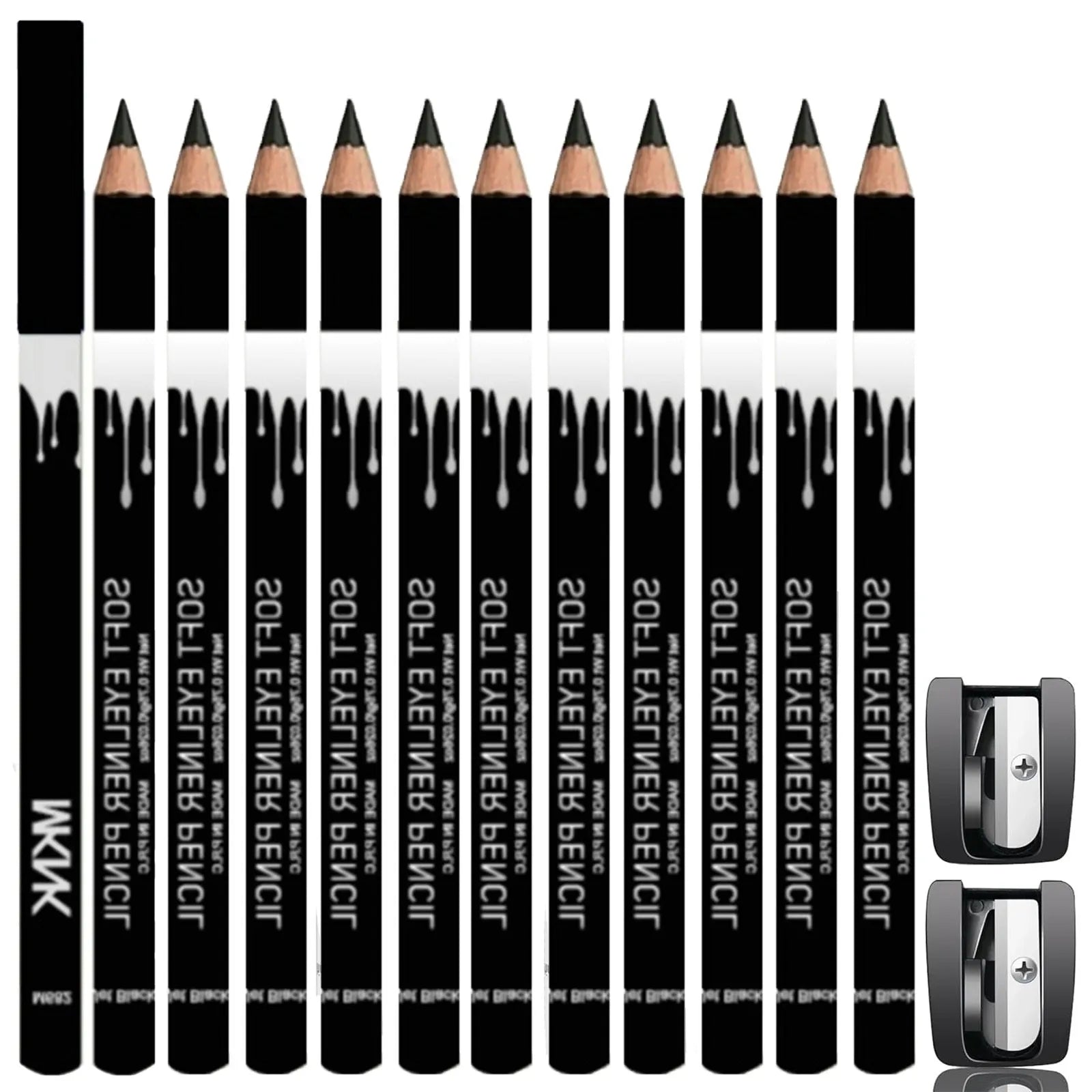 12 piece white and black eyeliner pencil set with sharpener for multi-use makeup application
