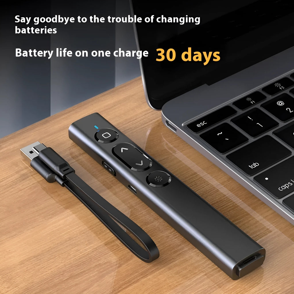 A whiteboard and presentation remote control pen in black, with a USB charging cable.
