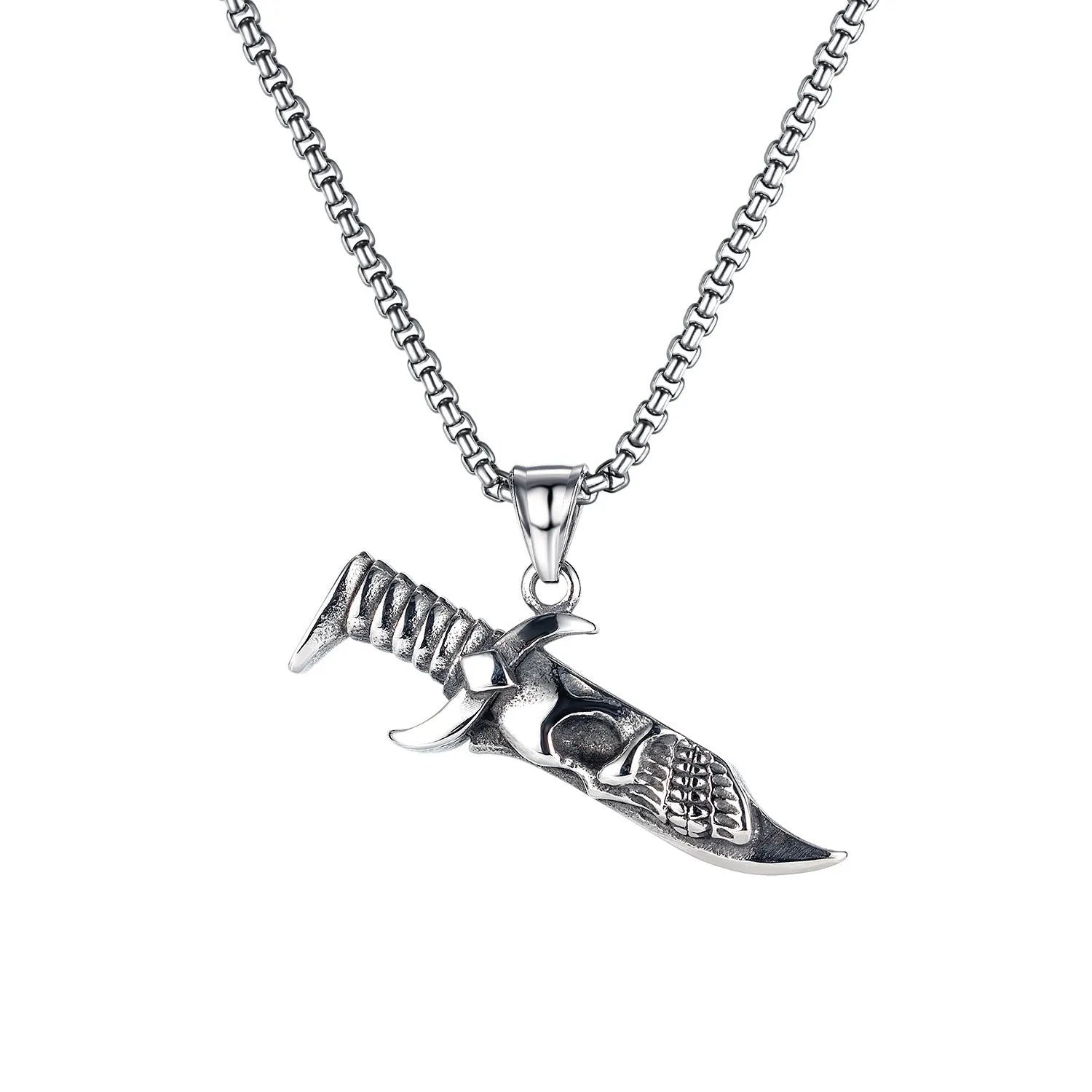 Men's silver skull necklace with stainless steel chain and six different alloy pendant designs