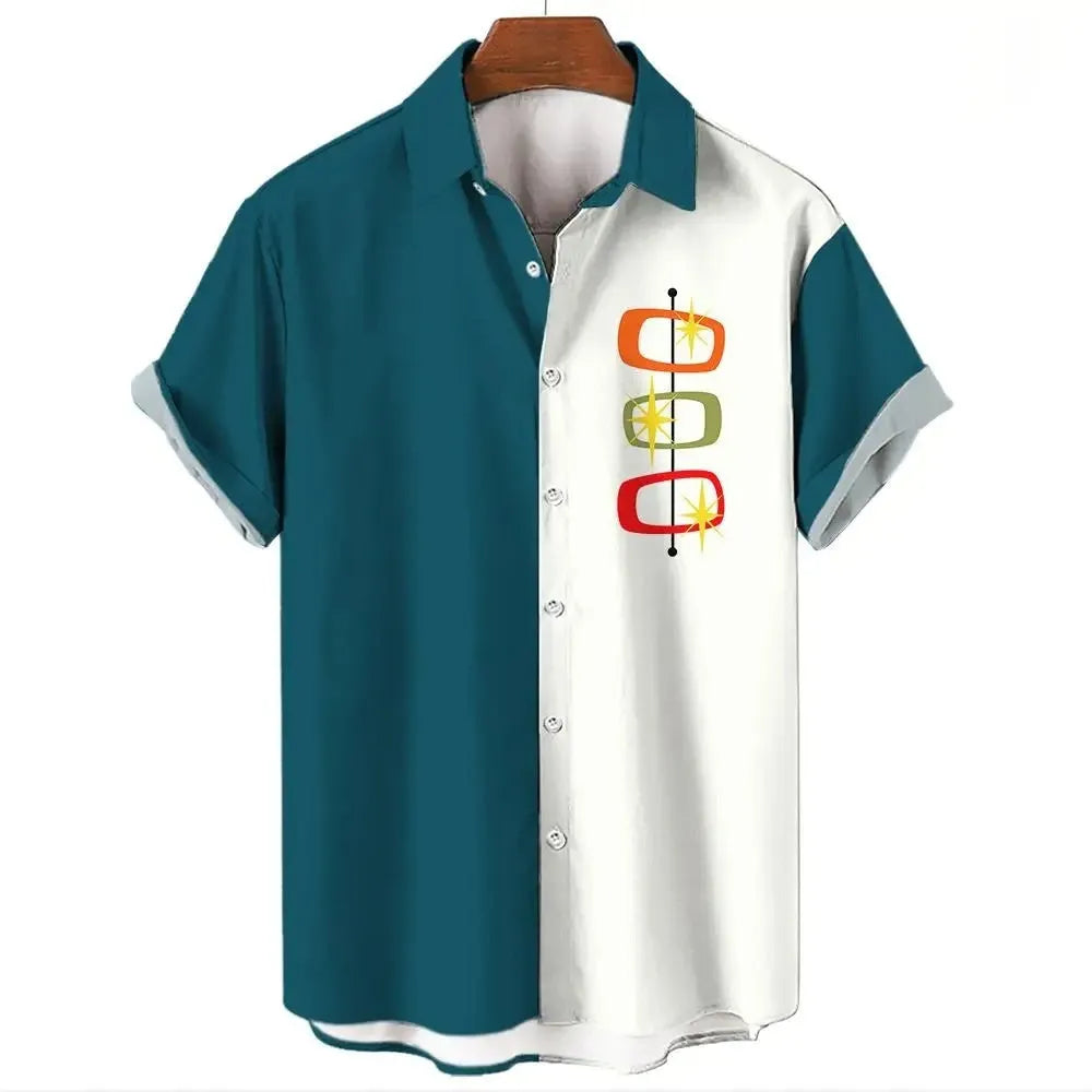 Men's striped Hawaiian shirt with button front and short sleeves in stretch elastic fabric