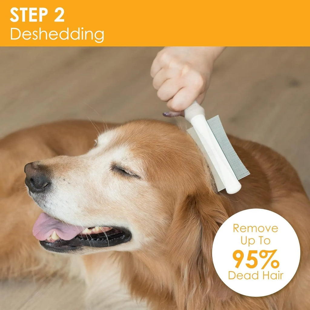 White 2-in-1 dog and cat deshedding brush and grooming comb with curved comb side and ergonomic handle.