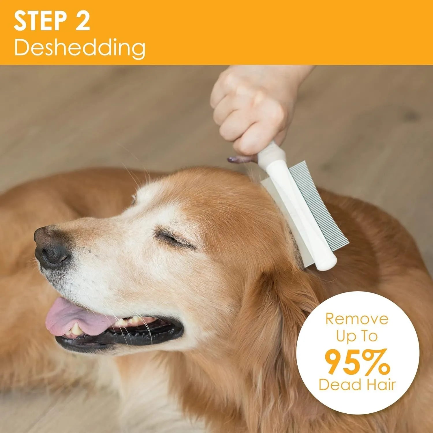 White 2-in-1 dog and cat deshedding brush and grooming comb with curved comb side and ergonomic handle.