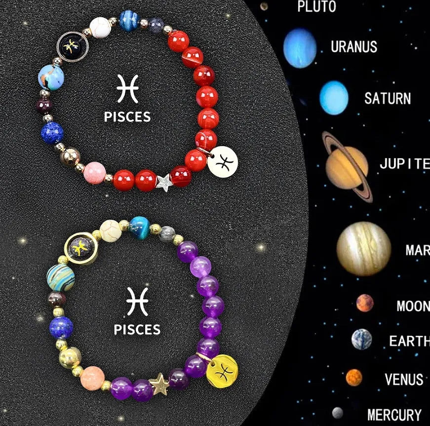 Natural stone beaded zodiac bracelet set with metal charm pendants showing astrological symbols