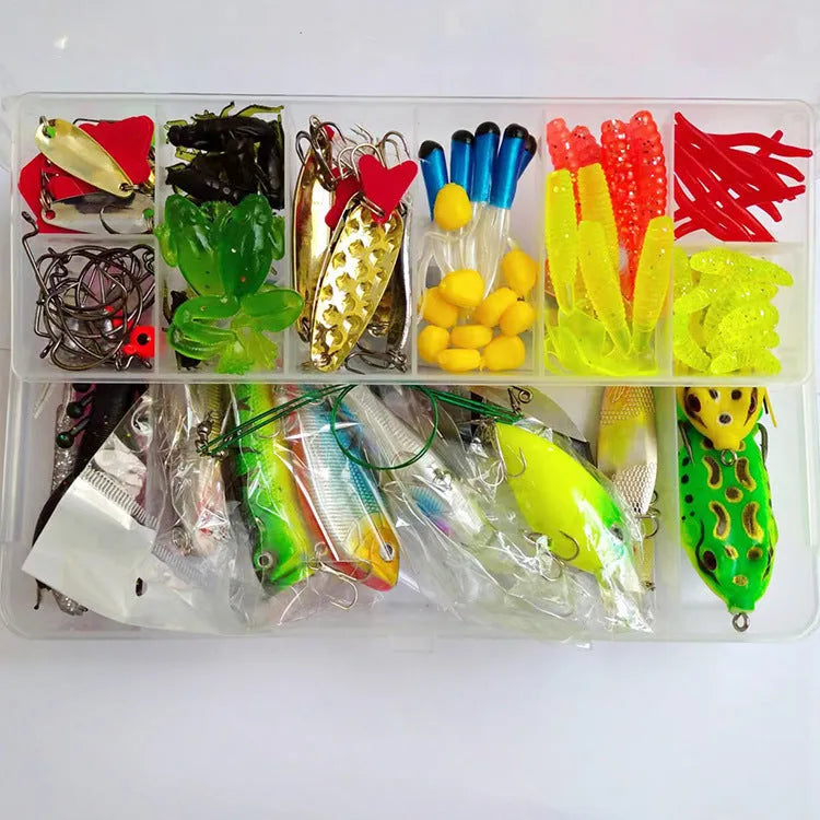 142-piece fishing lure set showing hard mino plastic lures, sequins, fishhooks and fishing pliers