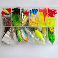 142-piece fishing lure set showing hard mino plastic lures, sequins, fishhooks and fishing pliers