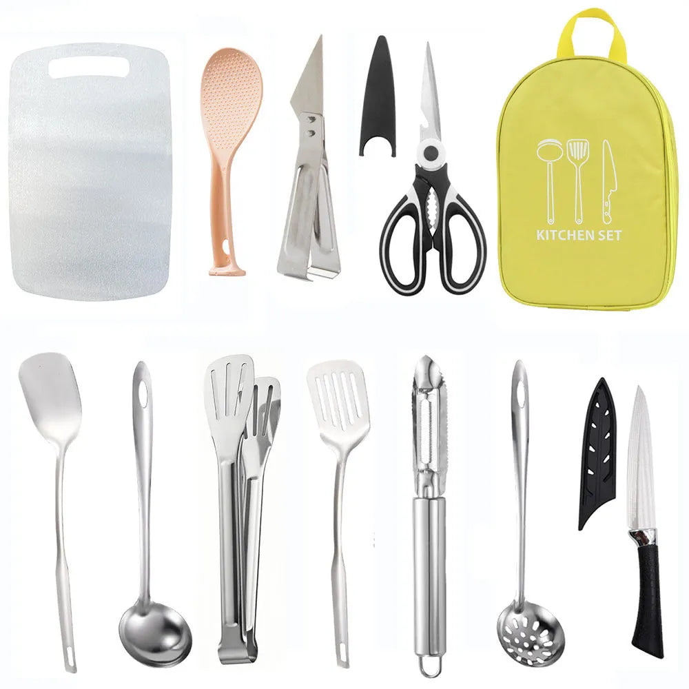 12-piece stainless steel cutlery set inside a khaki portable picnic storage bag