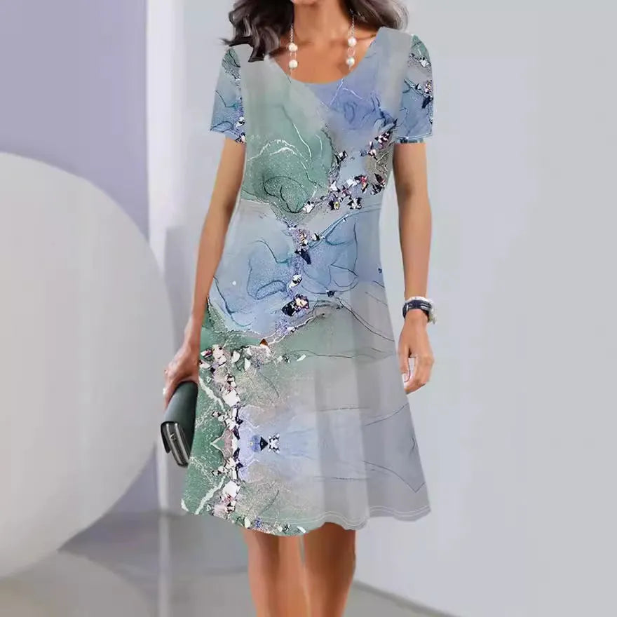 Women's floral print summer dress in ice silk fabric with A-line silhouette and short sleeves