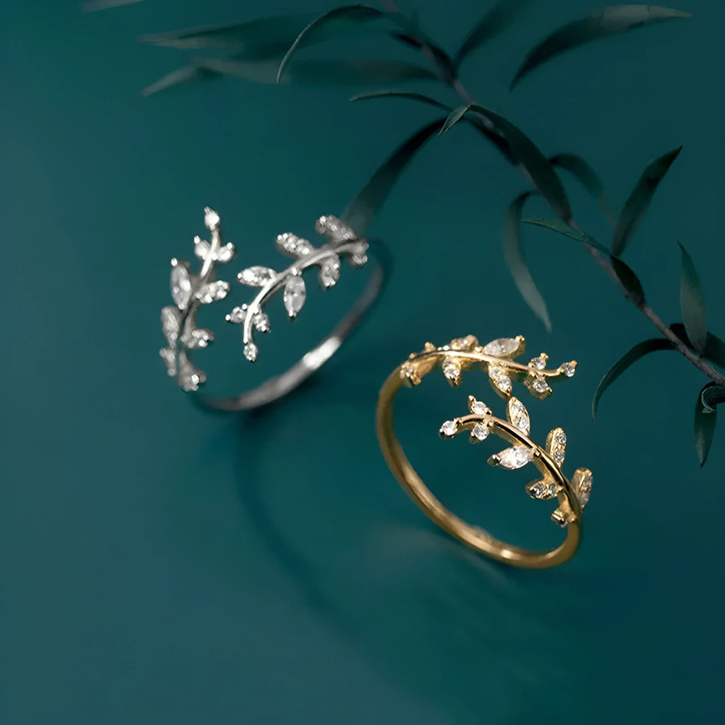 Copper branch leaf ring for women with gold or silver electroplated finish