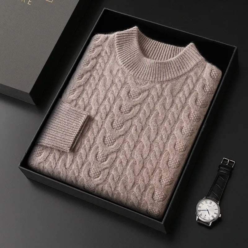 Men's wool sweater with half turtleneck and cable knit, thick yarn pullover in beige on a plain background