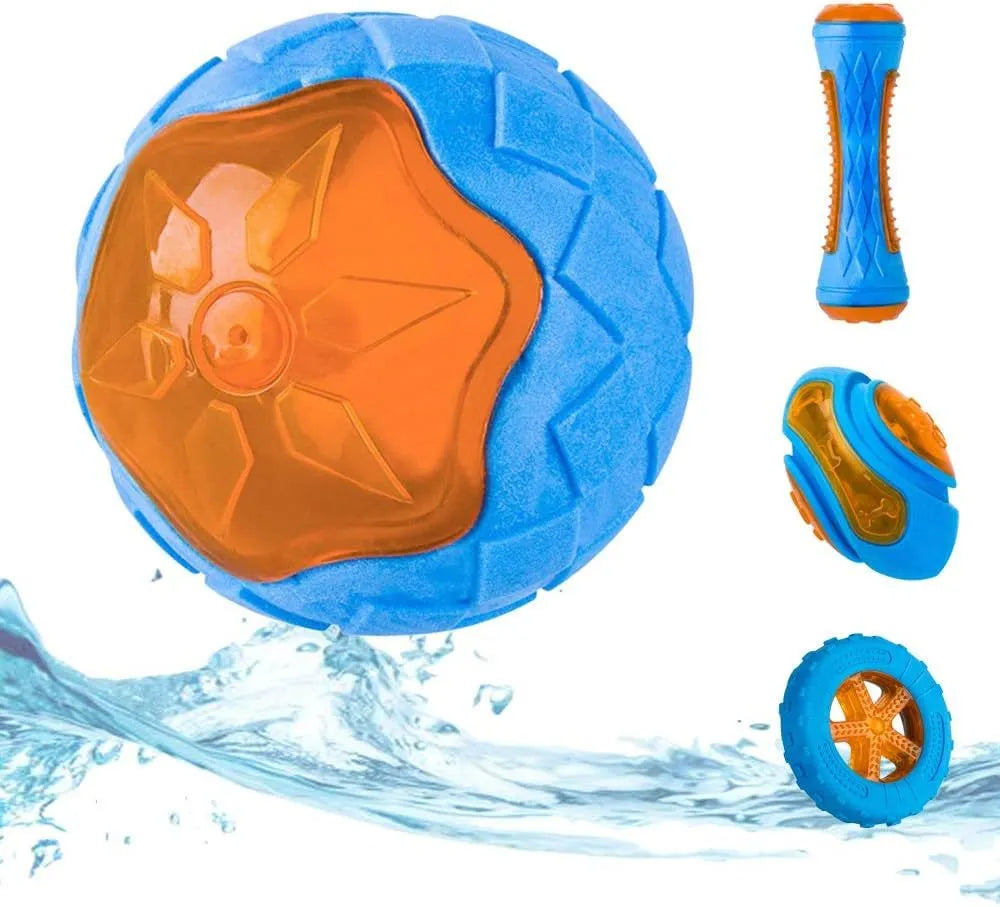 Set of three TPR dog toys: a red ball, blue barbell, and orange tyre on a blue background.