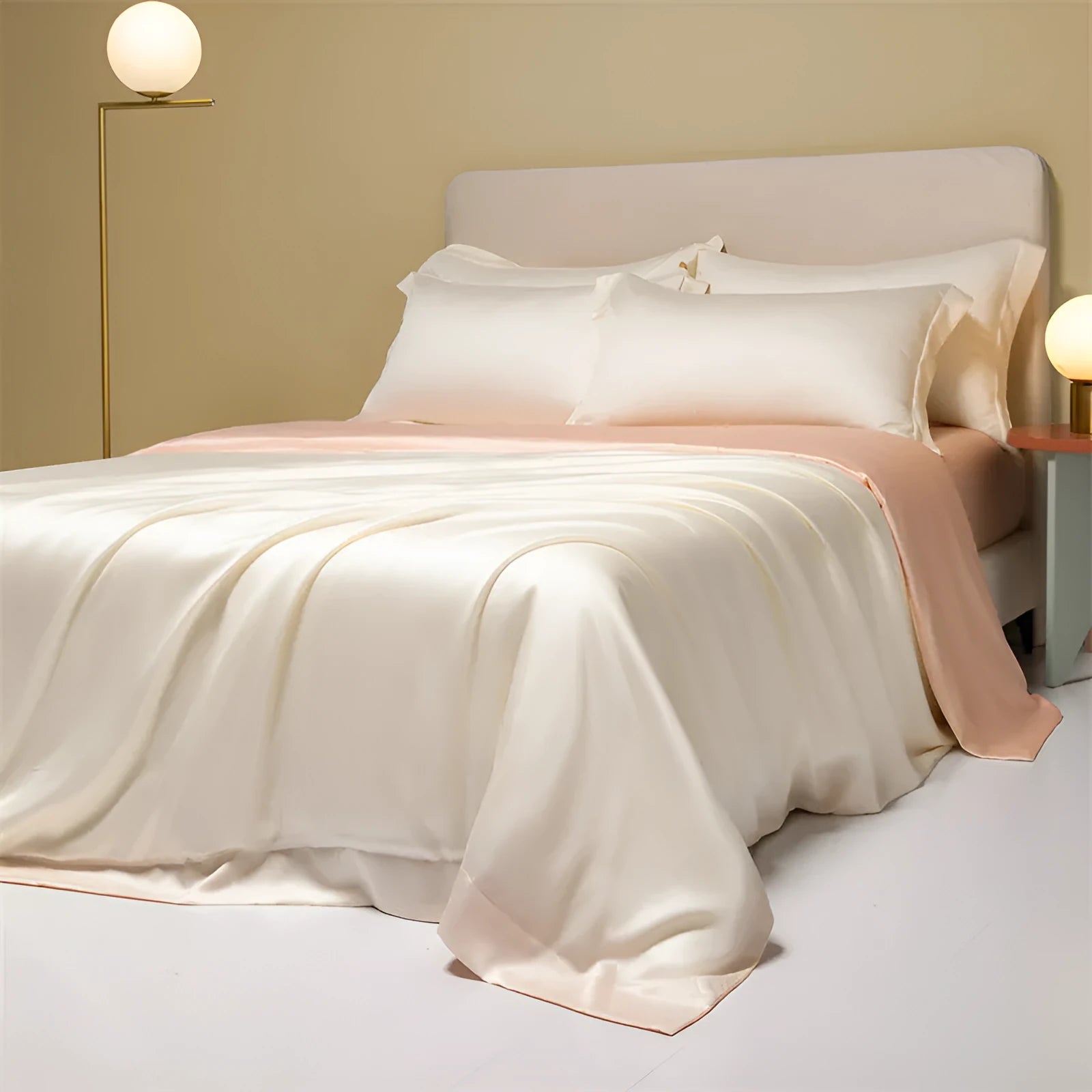 Luxury Lenzing Tencel quilt cover and pillowcase set in a modern style, showing colour options like Aurora Blue.
