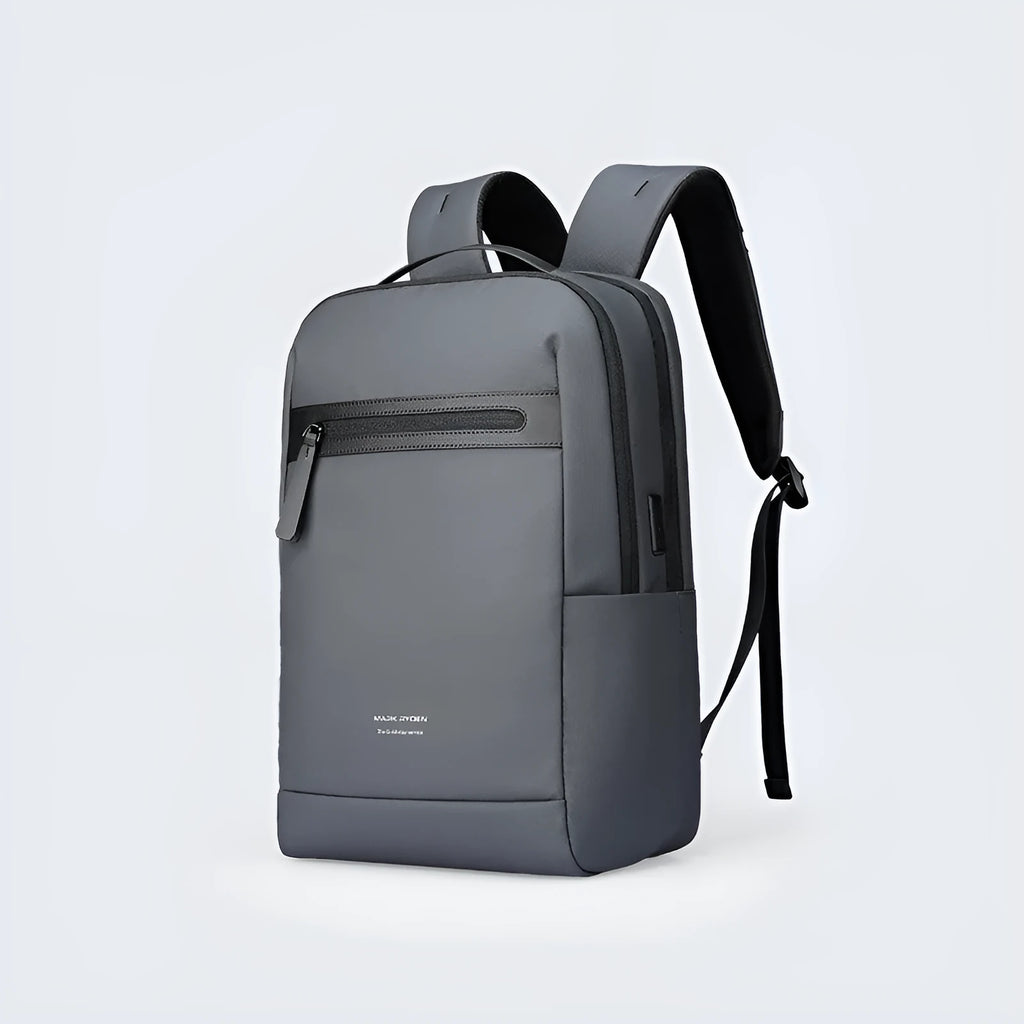 Graphite grey business backpack with USB charging port showing organised compartments and Oxford cloth material