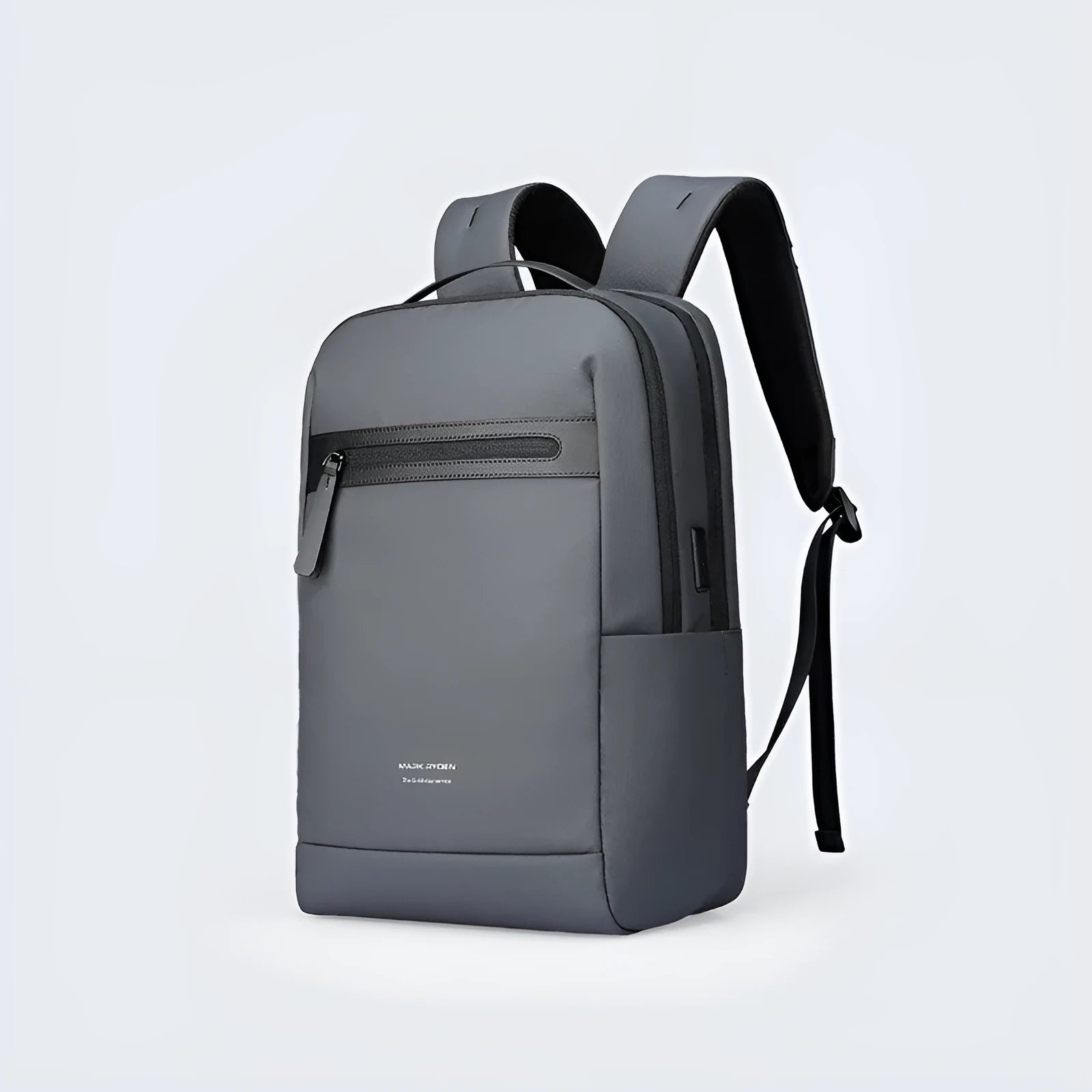 Graphite grey business backpack with USB charging port showing organised compartments and Oxford cloth material