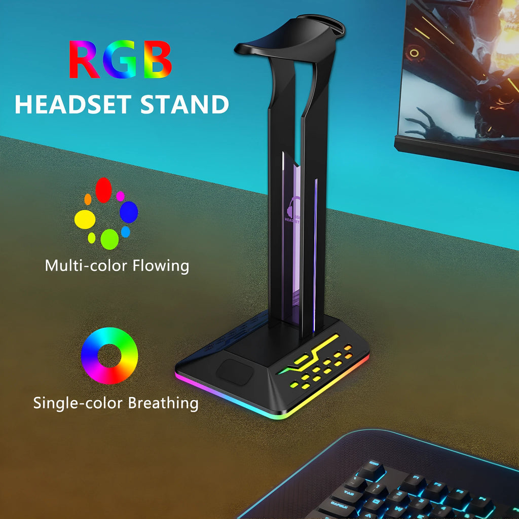 RGB colour changing headset bracket with dual USB ports and headphone holder