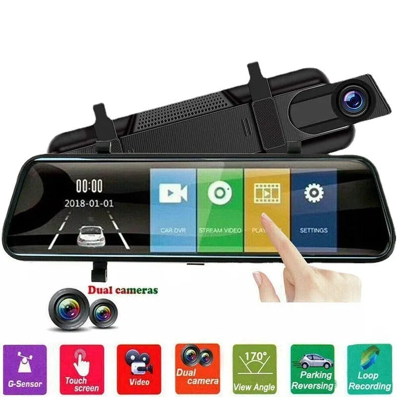 HD 1080p dual lens rearview mirror recorder with 9.66-inch touch screen showing front and rear video