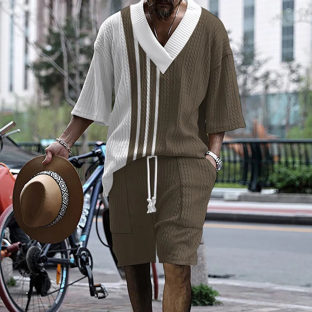 Men's printed drop-shoulder knitted short-sleeve top with matching shorts, a casual suit set.