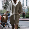 Men's printed drop-shoulder knitted short-sleeve top with matching shorts, a casual suit set.