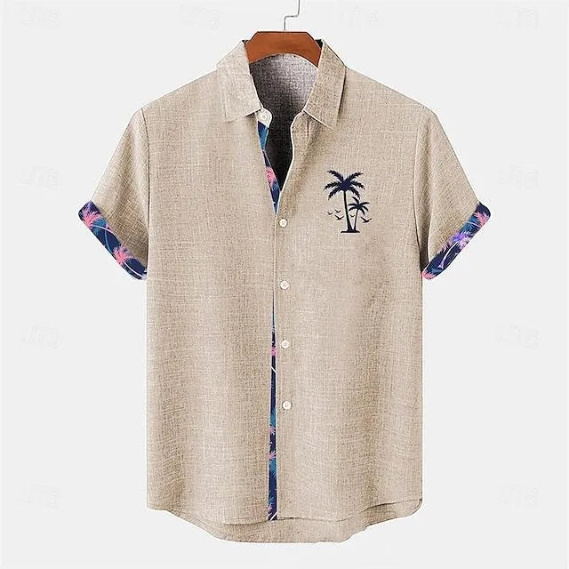 Linen short-sleeved casual shirt with a printed ocean fish pattern, shown in a loose fit.