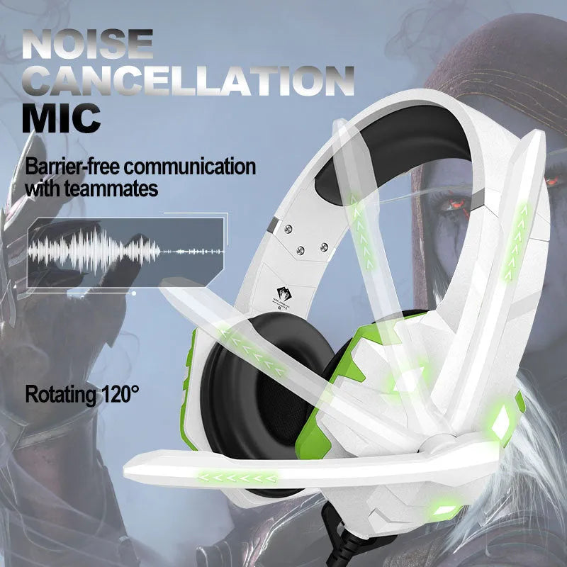 White wired gaming headset with LED breathing lights and a flexible microphone, shown on a dark background.