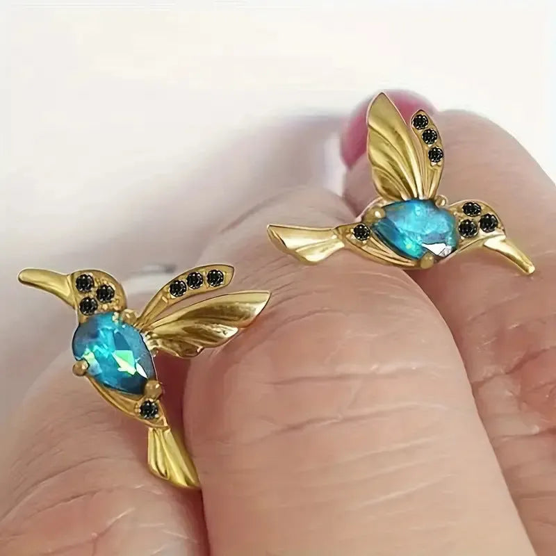 Personalised long drop bird earrings for women in alloy with mixed zirconium wings.