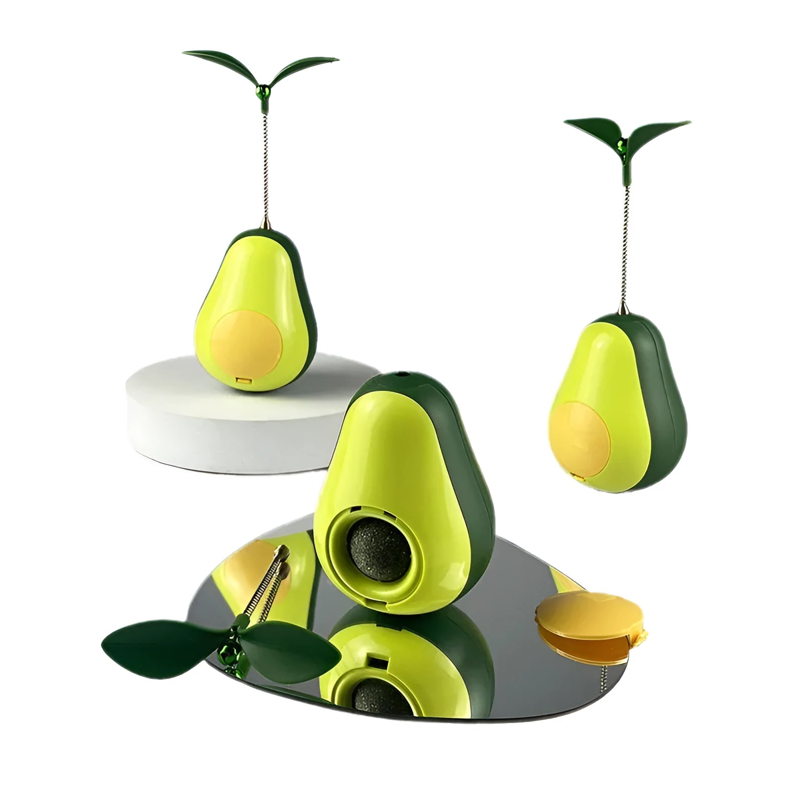 Green silicone avocado-shaped cat toy tumbler with treat dispensing opening, 80x80x107mm size