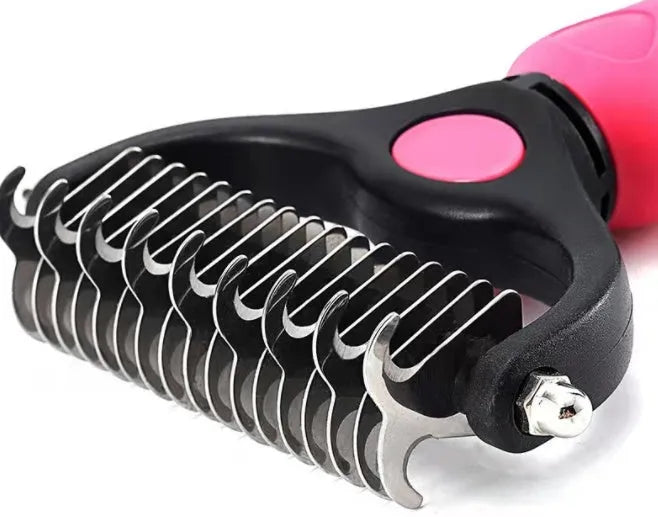 Stainless steel pet knot opening comb with double-sided blades in blue, small size 17x7cm