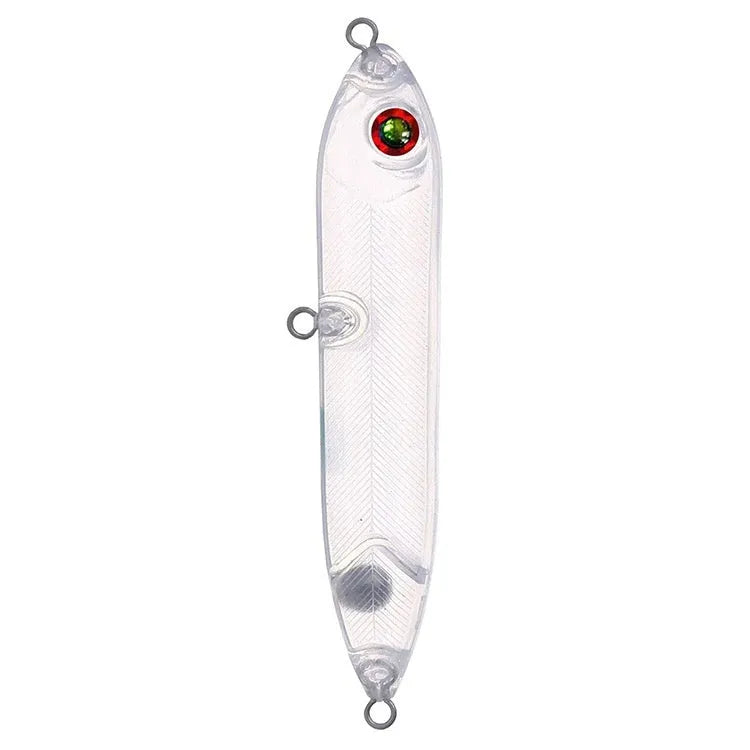 Transparent 9.5cm long ABS plastic blank fishing lure body with detailed shape and eye holes.