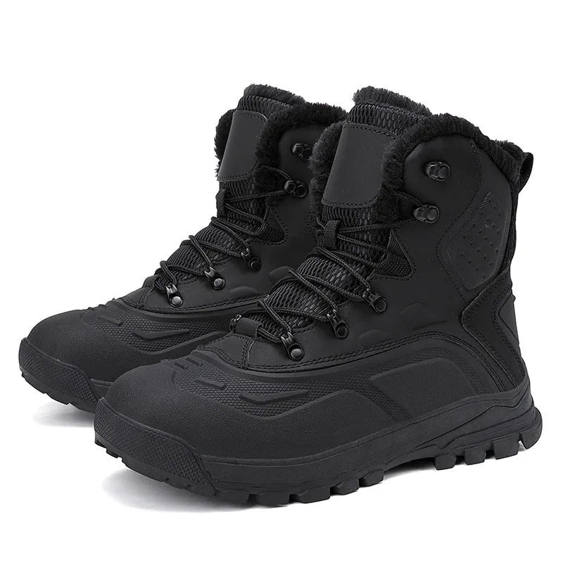 Black plus size men's high-top boots with fleece lining and front lace-up closure on a flat TPR sole.