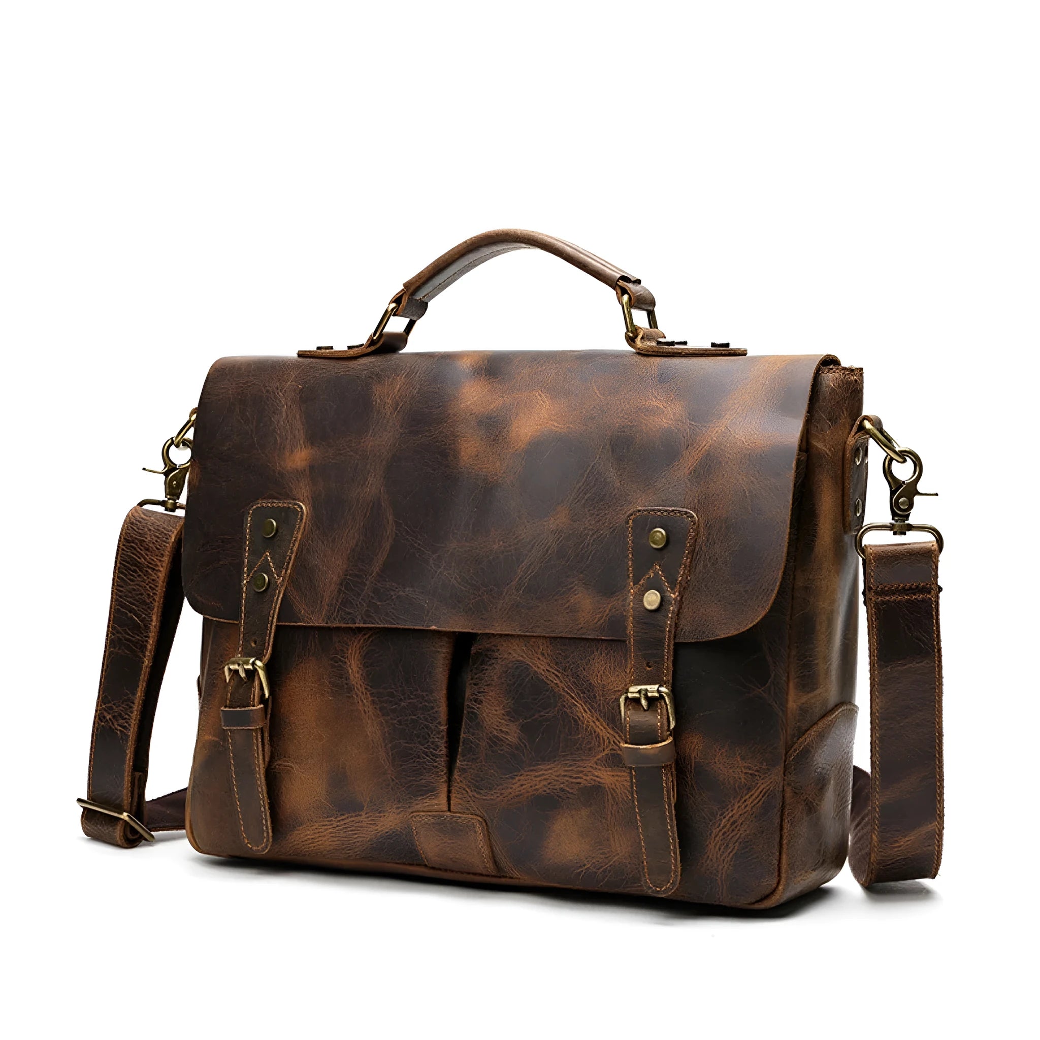 Leather portable mens briefcase satchel in light brown with soft handle and horizontal shape