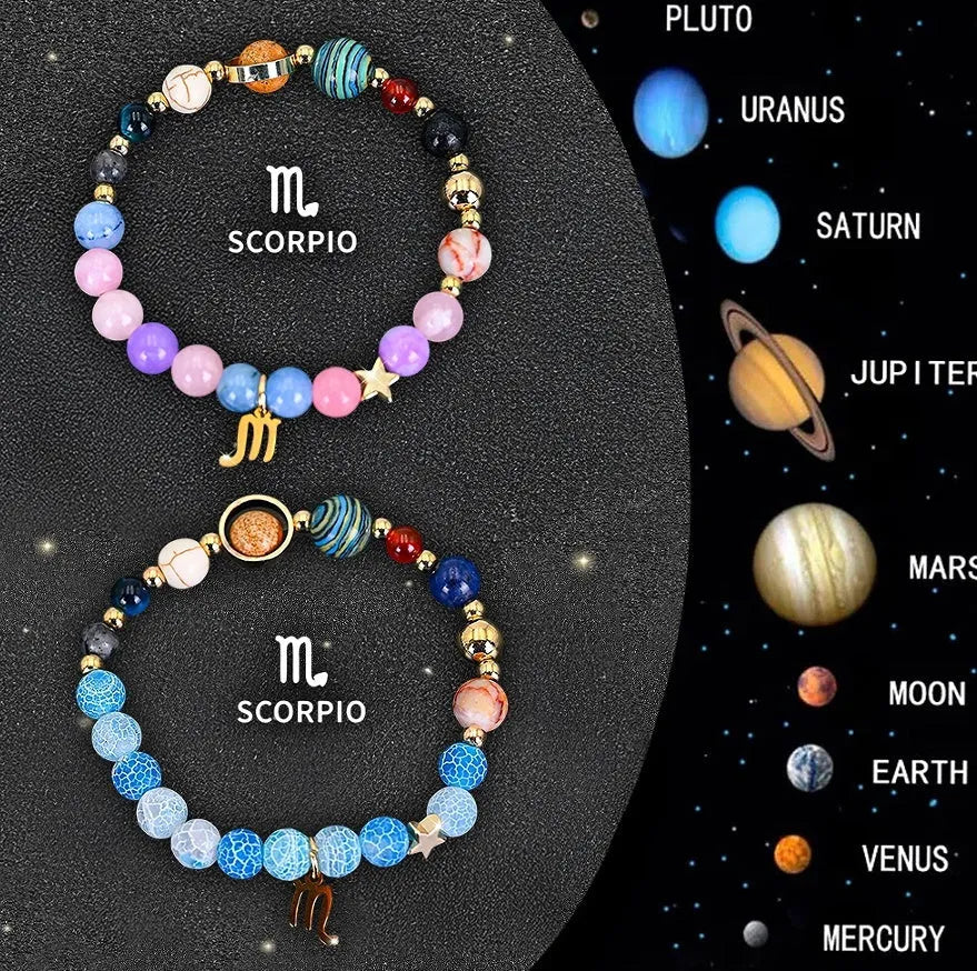 Set of twelve natural stone beaded bracelets, each with a different zodiac sign charm.