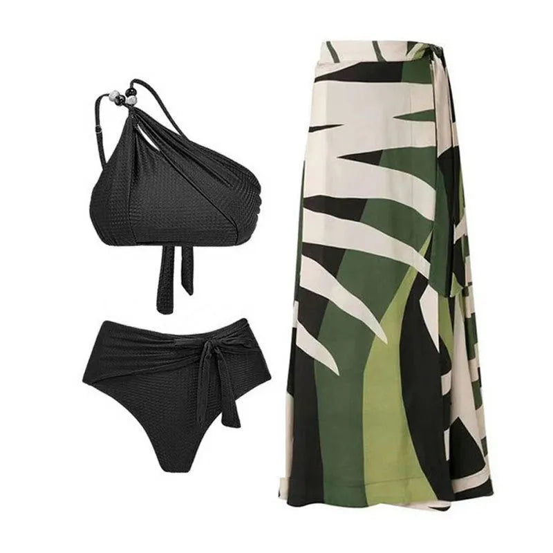 Brown high waist push up bikini swimsuit with a split chiffon dress detail for women