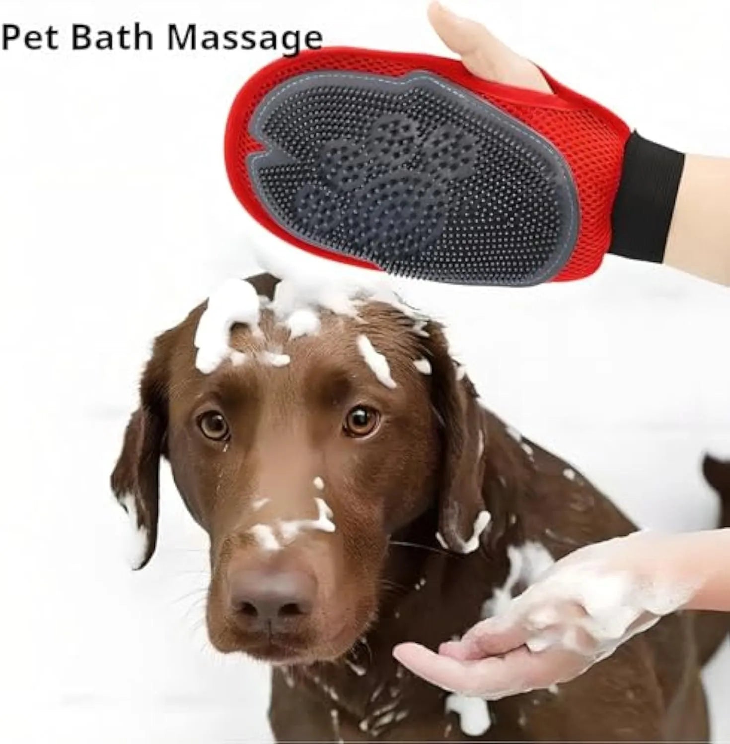 Red pet bathing glove with integrated brush surface for grooming and hair removal during pet washing