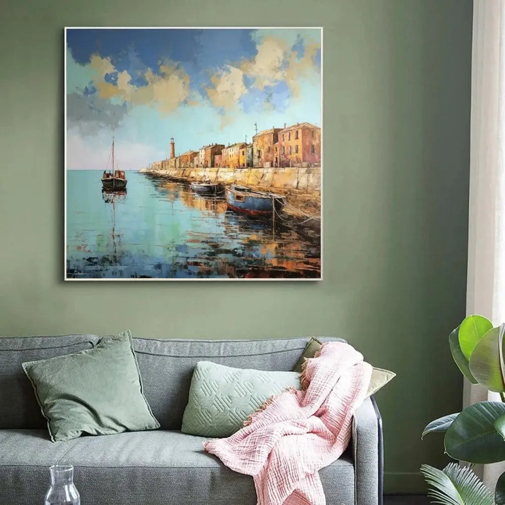 Hand painted oil painting on canvas abstract pier scenery square wall art in modern style