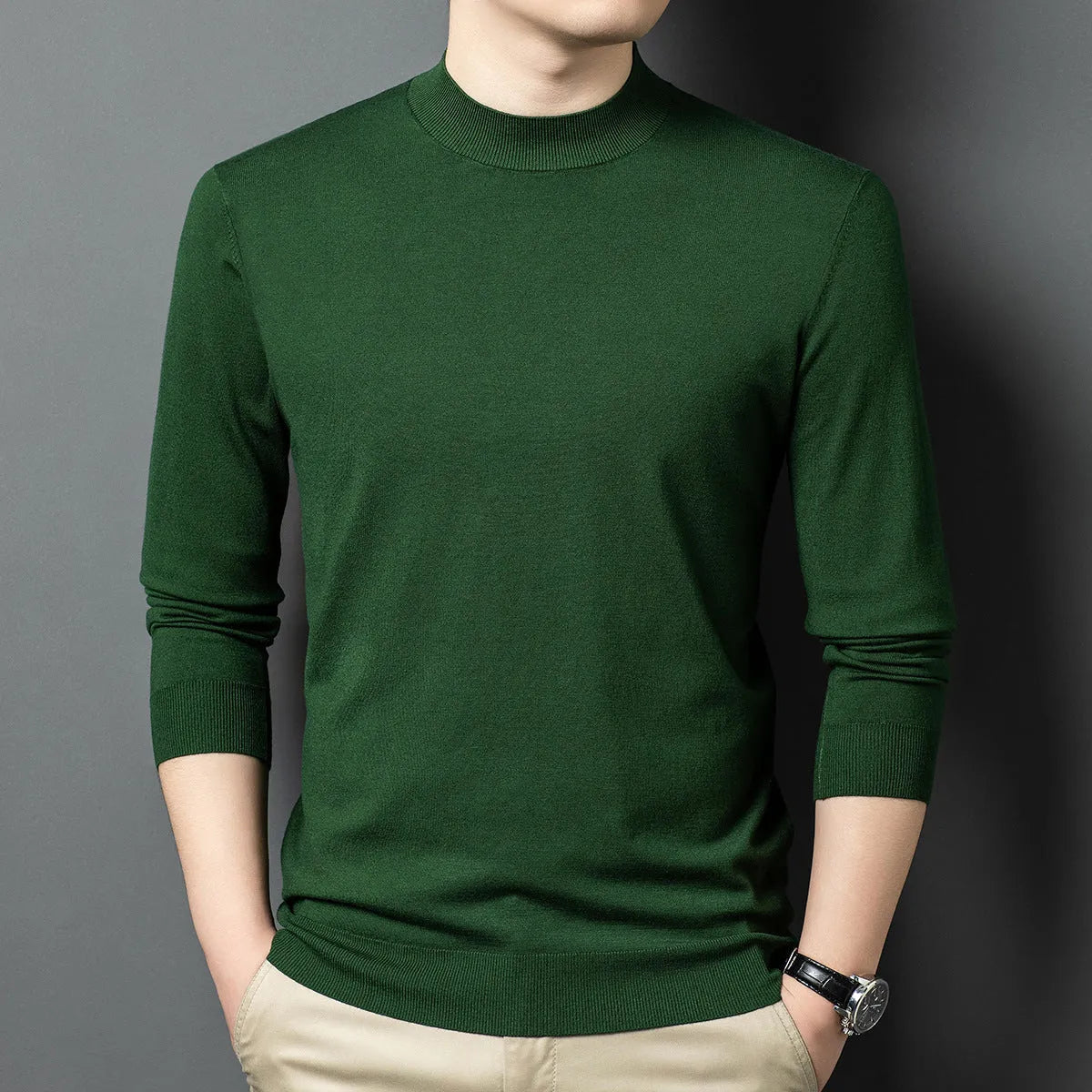 Men's round neck long sleeve wool sweater in a pullover style for winter.