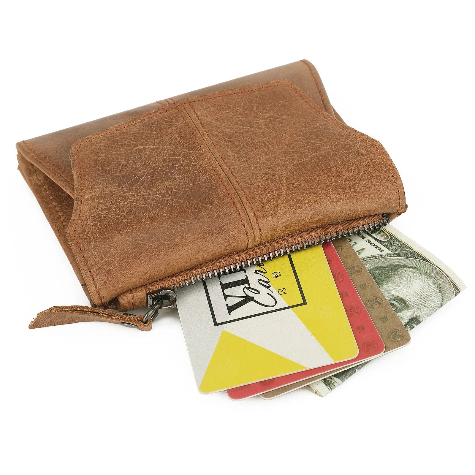 Genuine cowhide leather coin purse in multiple colours showing stitching detail and anti-theft swiping function