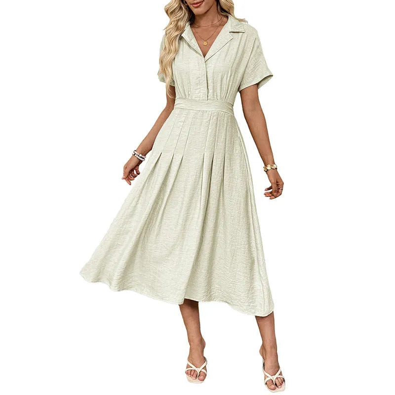 Light green commuter shirt dress with lapel collar and waist-tight fit