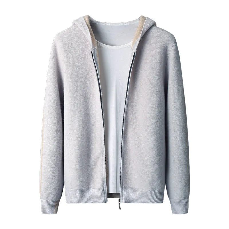 Men's thick cashmere zip-up cardigan sweater in dark blue with half-high collar