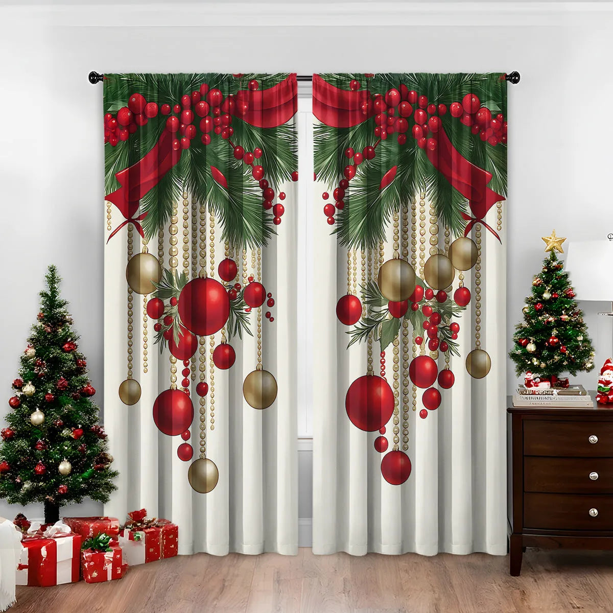 3D digitally printed Christmas curtain panel in a modern style, made from polyester fabric.