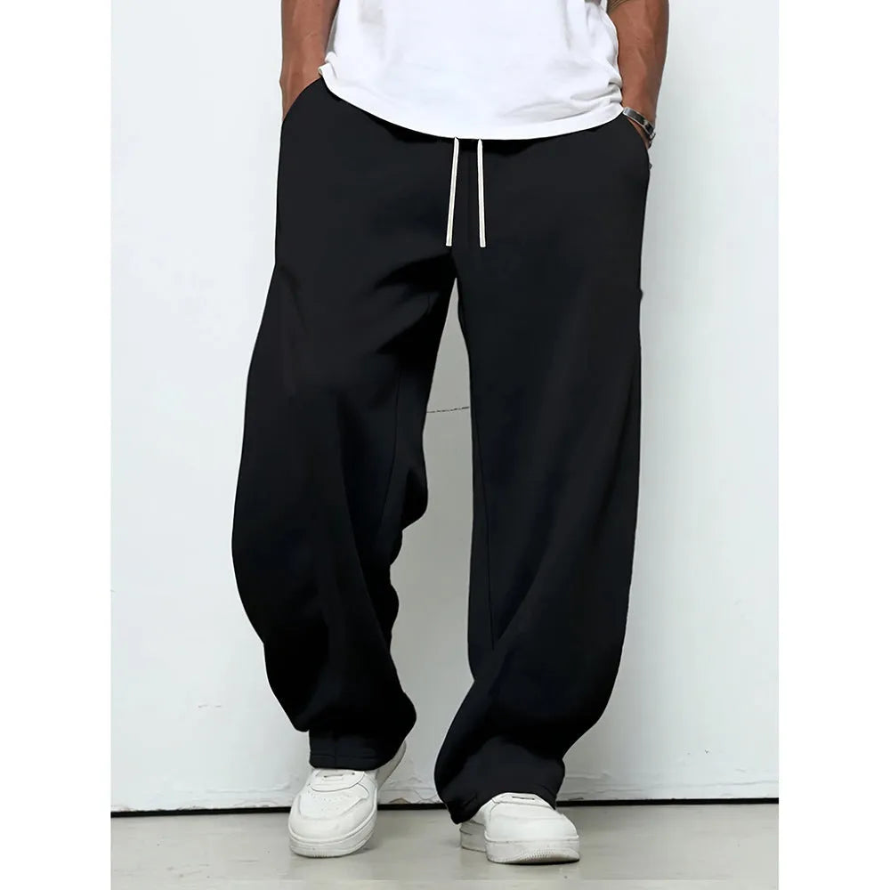 Men's straight leg casual trousers in solid colour with drawstring waist