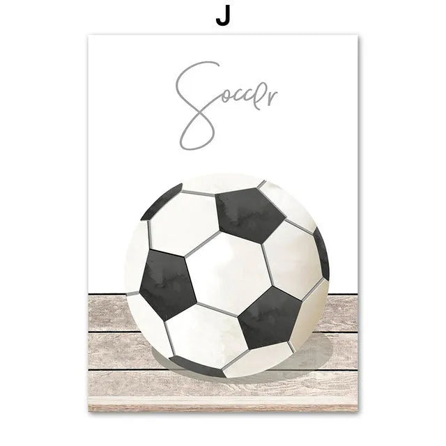 Cartoon sports canvas wall art with football, basketball, and baseball tools for children's bedroom
