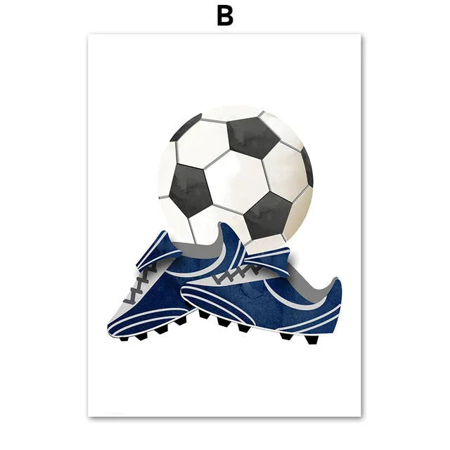Cartoon sports canvas wall art with football, basketball, and baseball tools for children's bedroom