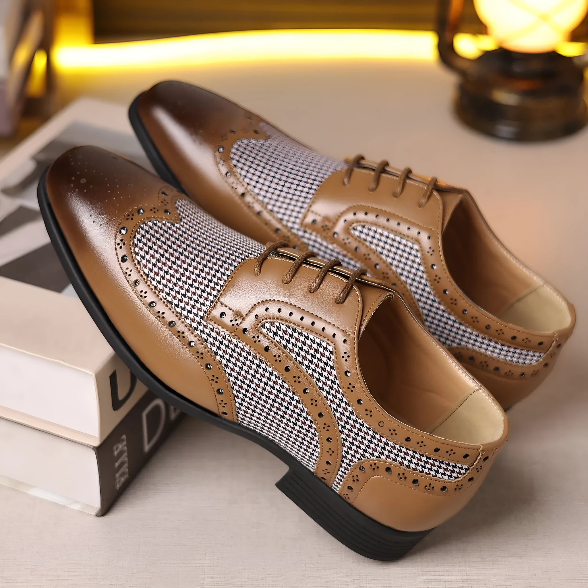 Men's casual leather shoes with imitation houndstooth plaid pattern, square toe, and front lace-up design