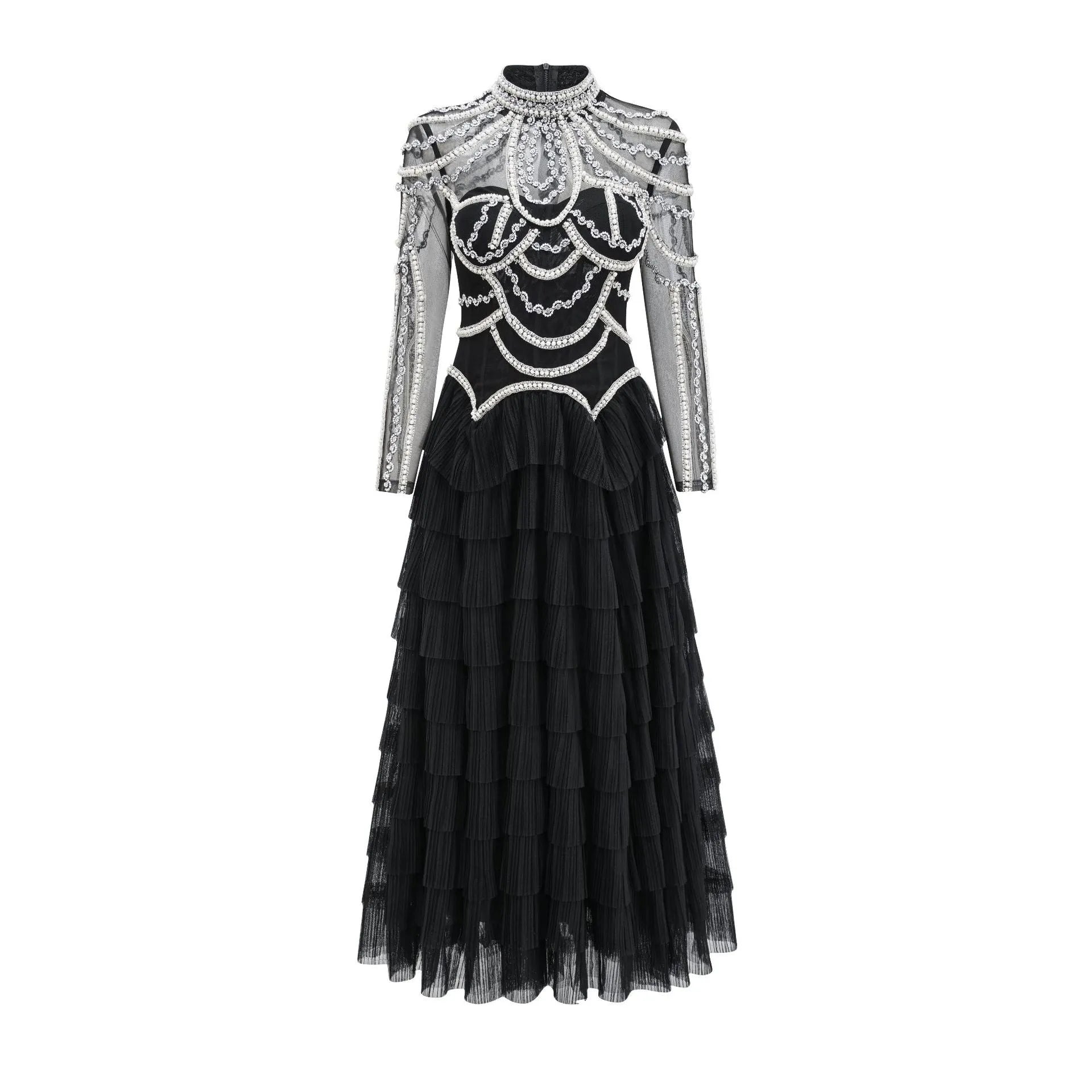 Women's black long sleeve beaded dress with decorative elements and mid waist design