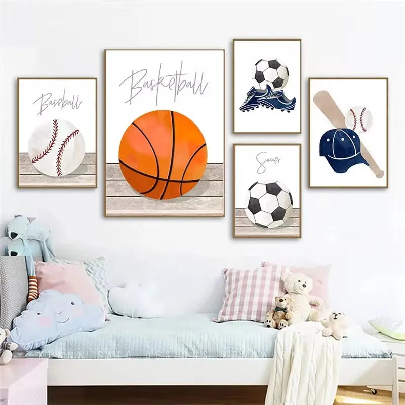 Cartoon sports canvas wall art with football, basketball, and baseball tools for children's bedroom